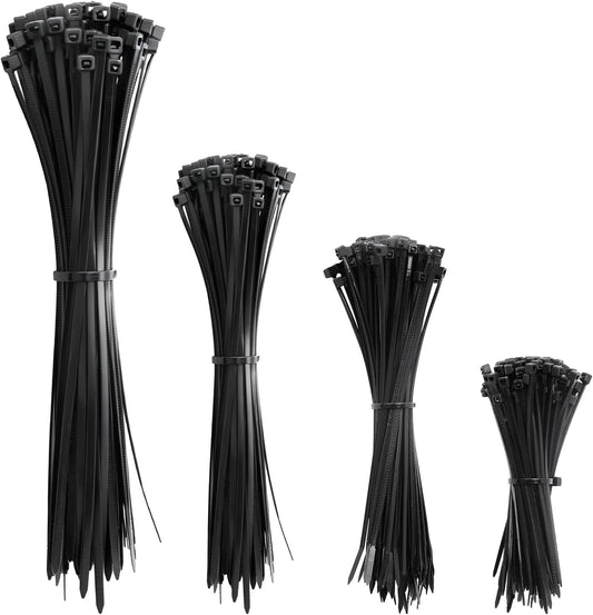 APIELE Cable Zip Ties 400 Pack Black Assorted Sizes 4 6 8 12 inch Multi-Purpose Self-Locking Nylon Cable UV Resistant Wire Ties for Indoor & Outdoor Home Office Garden Workshop