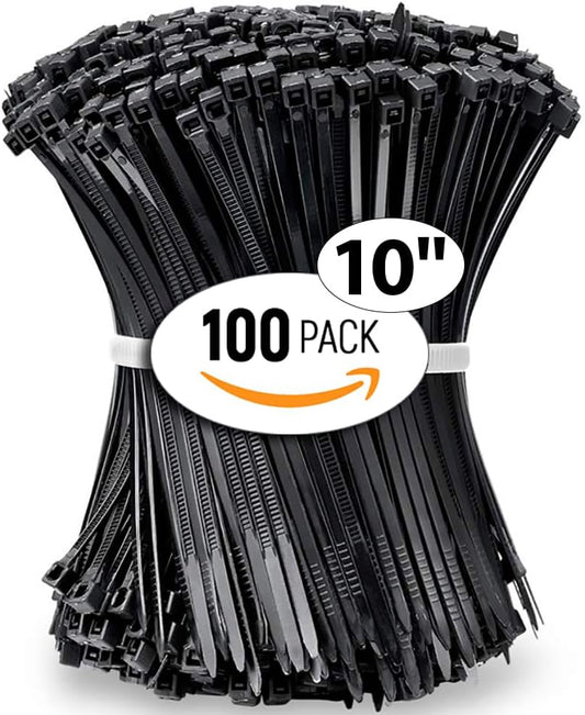 ALBO Zip Ties Black 10 Inch 100 Pack 50 lb, Long Plastic Cable Ties Thick 0.19 Inch Tie Wraps Heavy Duty UV Resistant Nylon Wire Ties for Indoor and Outdoor