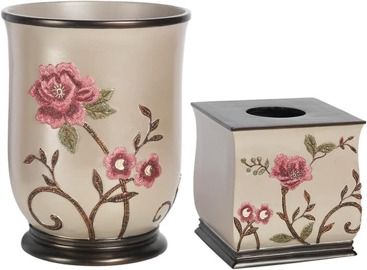Zahari Home 2pc Larrisa Floral Bathroom Decor Set Waste Basket for Bathroom & Tissue Cover Modern Classic Contemporary Decor Stylish Unique Design Beautiful Bathroom Accessories Set