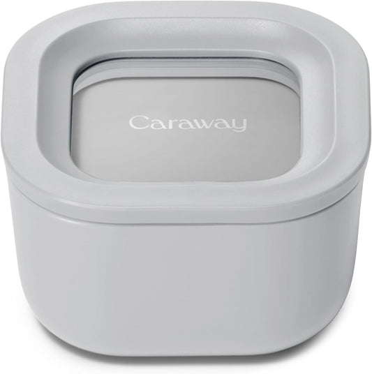 Caraway Mini Square Food Storage Container - 1.75 Cup Glass Storage Container for Food - Non-Toxic Ceramic-Coated Glass - Air Release Technology - Compact & Stackable Design - Gray