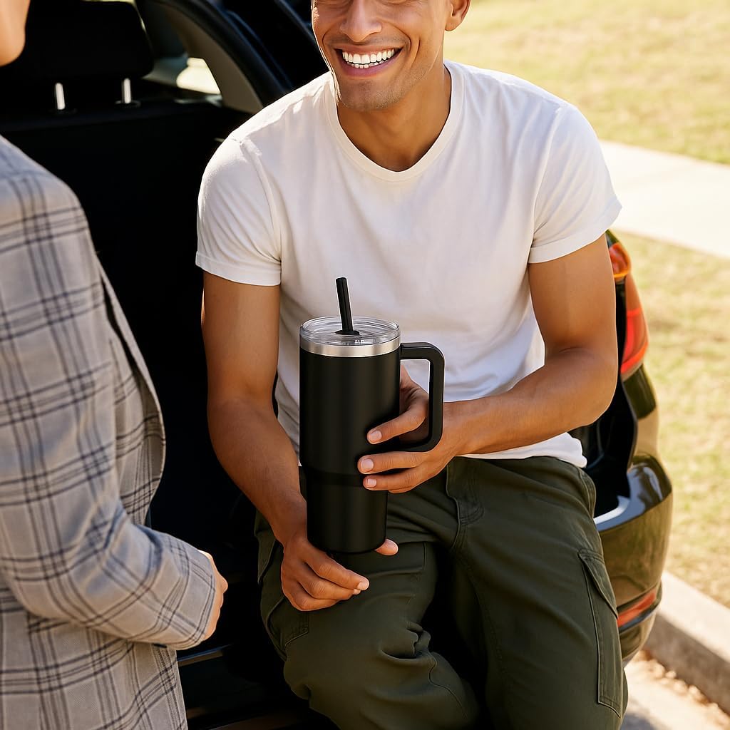 40oz Black Stainless Steel Tumbler with Handle & Straw Lid – Insulated Travel Mug for Hot & Cold Drinks – Gift for Men & Women – Durable Leak-Proof Reusable Cup, Cupholder Friendly
