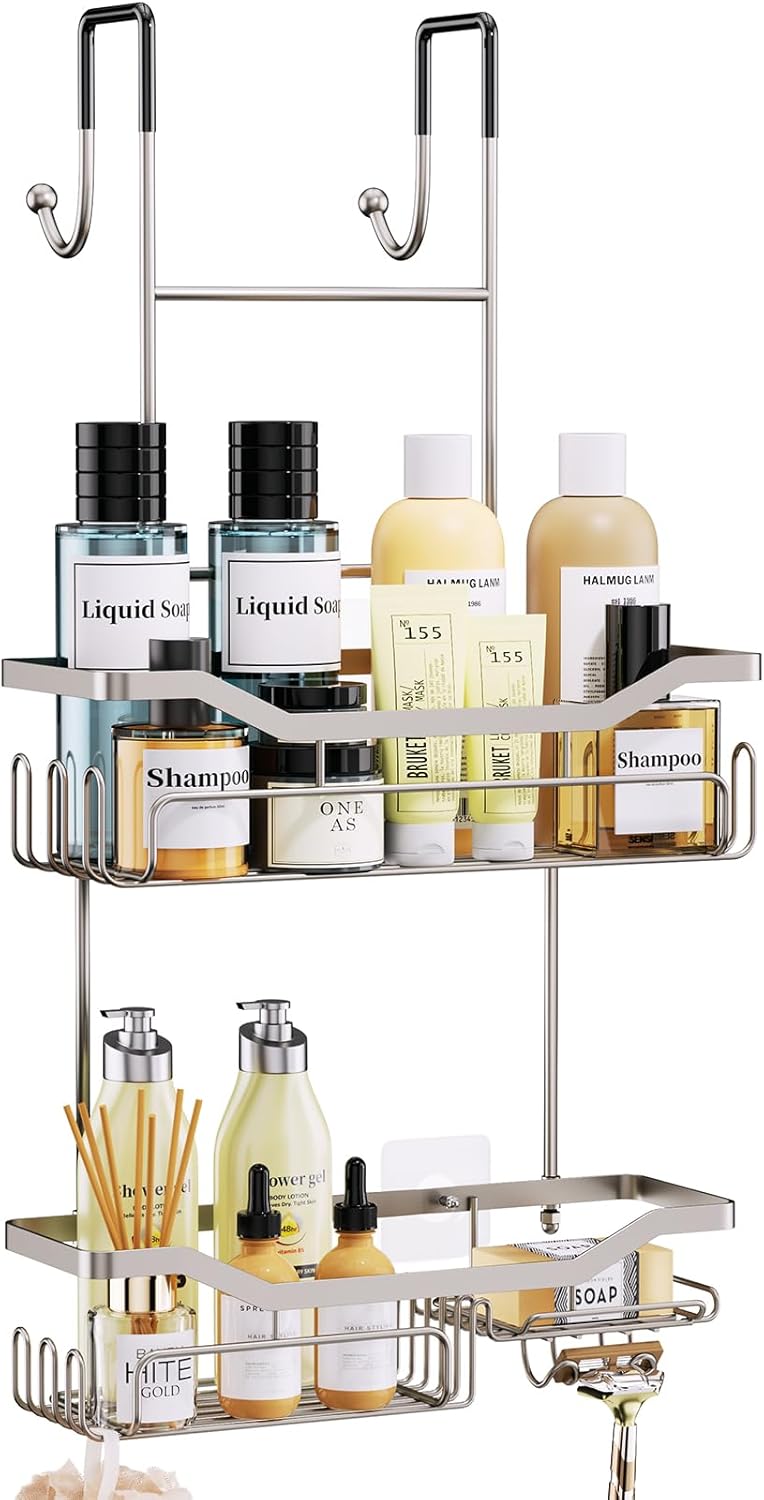HapiRm Hanging Shower Caddy Over the Door with Soap Holder, No Drilling Adhesive Shower Organizer with 11 Hooks, Rustproof & Waterproof 304 Stainless Steel Bathroom Shelves - Brushed Nickel