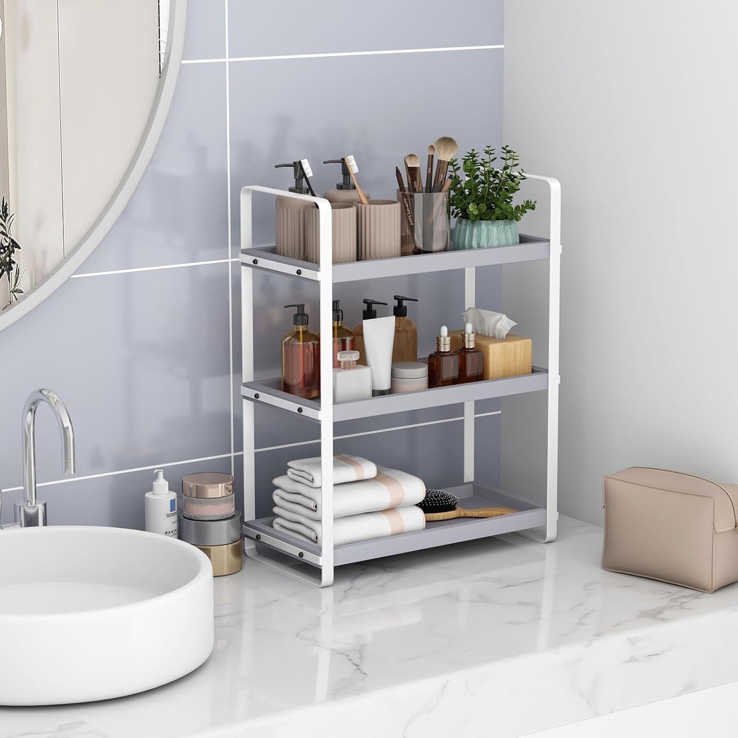 Bathroom Counter Organizer,Bathroom Countertop Organizer,Counter Shelf,Countertop Storage,Organization and Storage,Makeup Shelf,Sink Caddy(Grey 3 Tier)