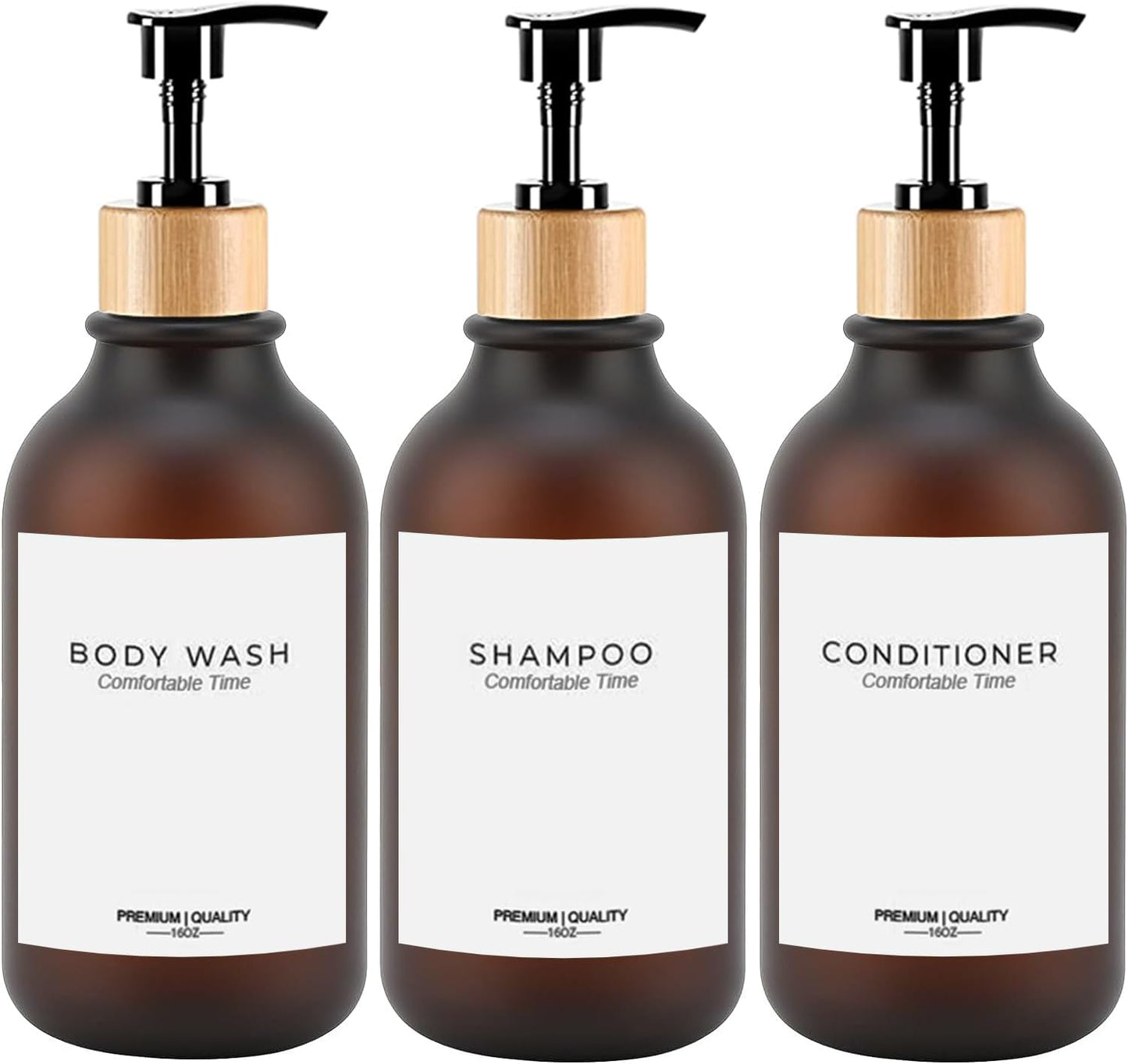 Frosted Heavy Duty Shampoo and Conditioner Bottles, Apothecary Dispenser Bamboo Pump, Refillable Shampoo Bottles for Shampoo Lotion Oil Shower Soap Hand Soap and Dish Soap (Matte Amber)