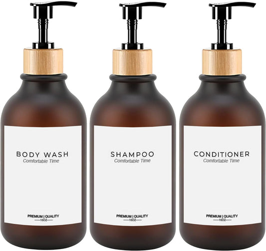 Frosted Heavy Duty Shampoo and Conditioner Bottles, Apothecary Dispenser Bamboo Pump, Refillable Shampoo Bottles for Shampoo Lotion Oil Shower Soap Hand Soap and Dish Soap (Matte Amber)