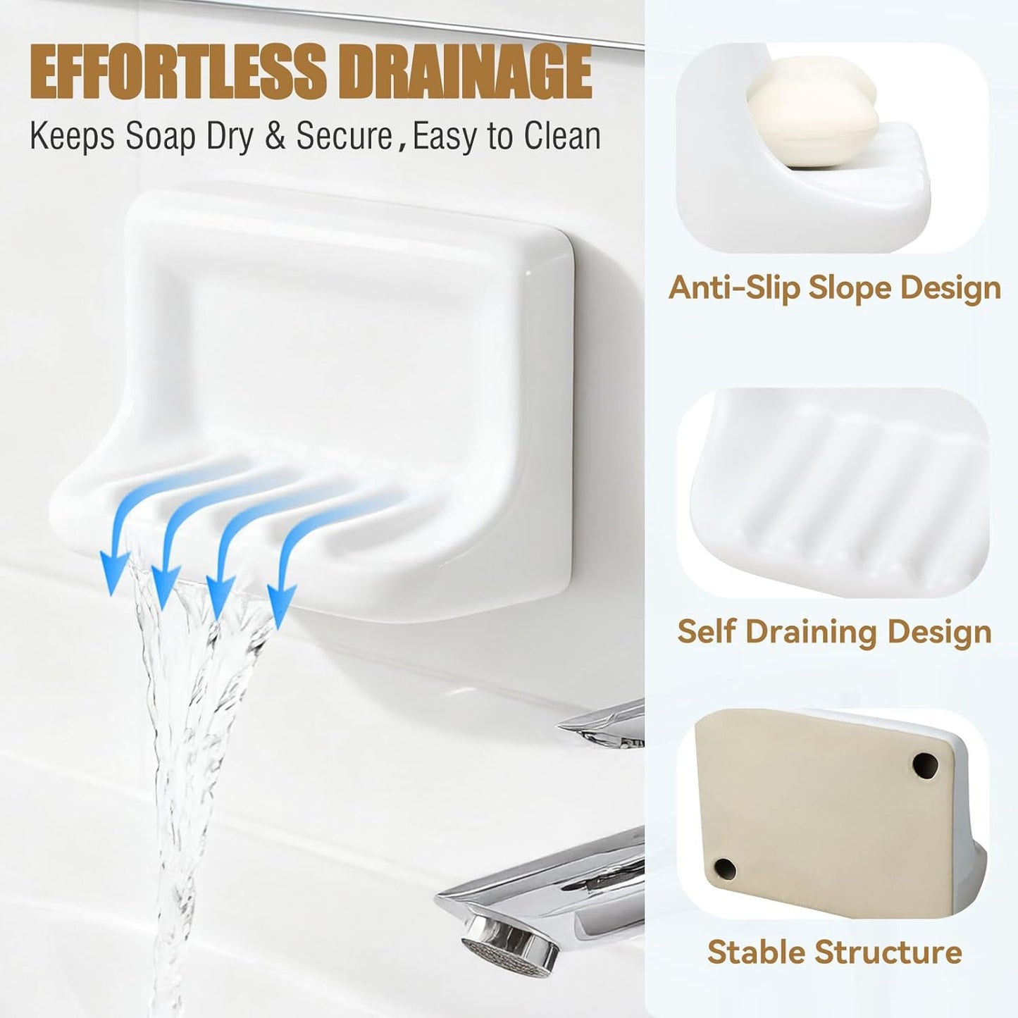 OTHIX Shower Soap Holder & Ceramic Soap Dish for Shower Wall Fits 4x4 Inch Tile Walls, Heavy-Duty Soap Tray with Drainage Slope for Bathroom, Easy Install, No-Slip, White