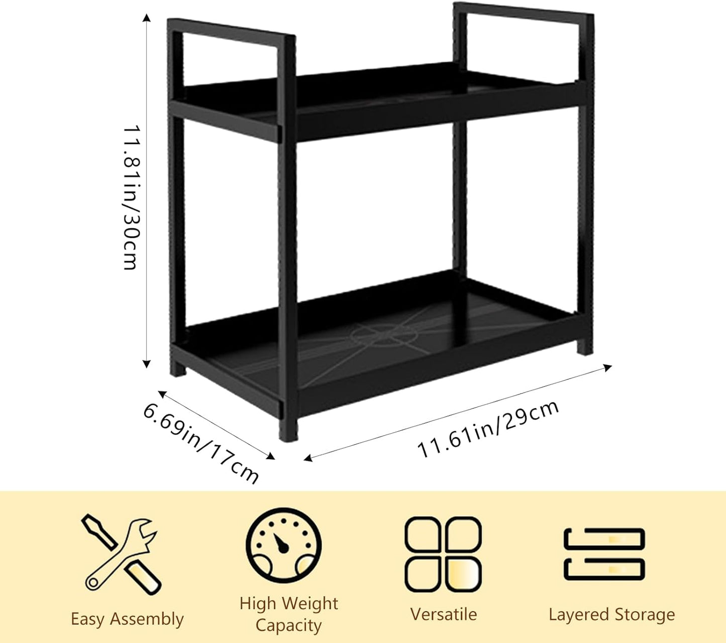 2-Tier Bathroom Countertop Organizer Multifunctional Vanity Tray Cosmetic and Makeup Storage Rack Kitchen Spice Shelf Freestanding Organizer (Black)