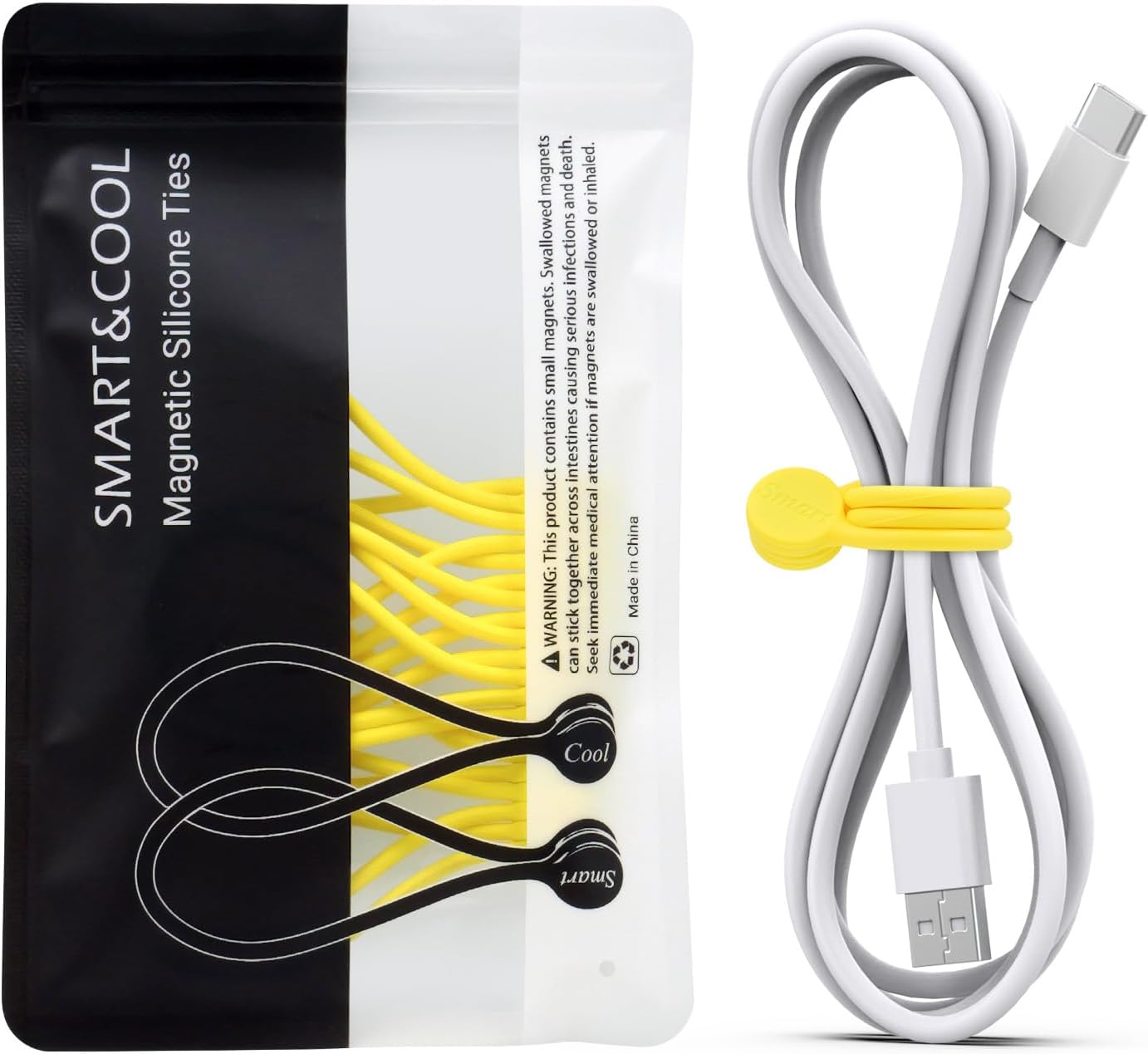 SMART&COOL Reusable Silicone Magnetic Cable Ties for Bundling and Organizing, Holding Stuff, Book Markers, Fridge Magnets, Assorted Color, 7.16'' (10-Pack, Yellow)