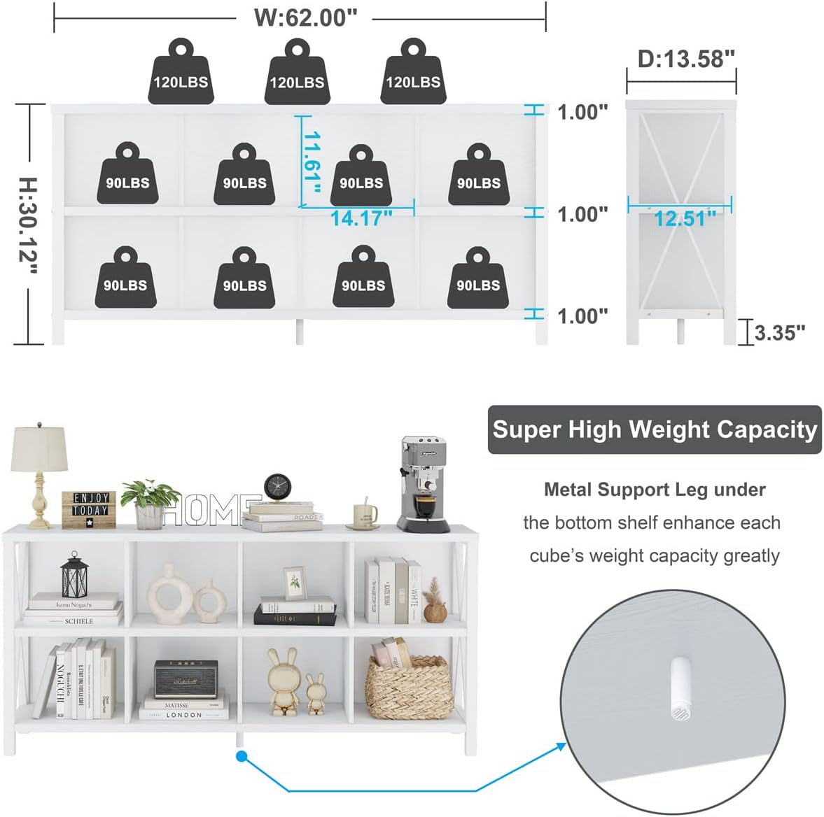 FATORRI 8 Cube Storage Organizer Bookshelf, Rustic Wood Cubby Bookcase, Industrial Horizontal Long Shelf for Living Room (White Oak, 62 Inch)