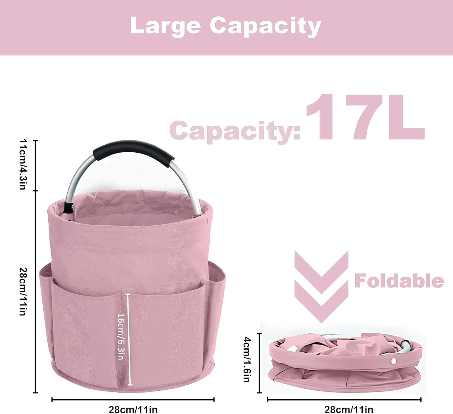 Cleaning Caddy with Handle, Cleaning Products Organiser, 17L Foldable Storage Basket, Cleaning Caddy Organiser, Portable Multi Cleaning Bucket Bag for Home, Garden (Pink)