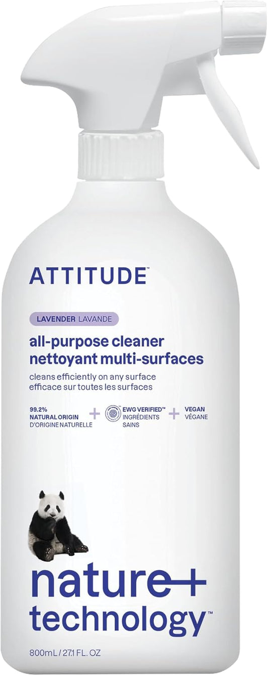 ATTITUDE All Purpose Cleaner Spray, EWG Verified, Vegan, Made with 94% Plant-Based Ingredients, Streak-Free for Kitchen, Bathroom, Glass & More, Lavender Scent, 27.1 Fl Oz