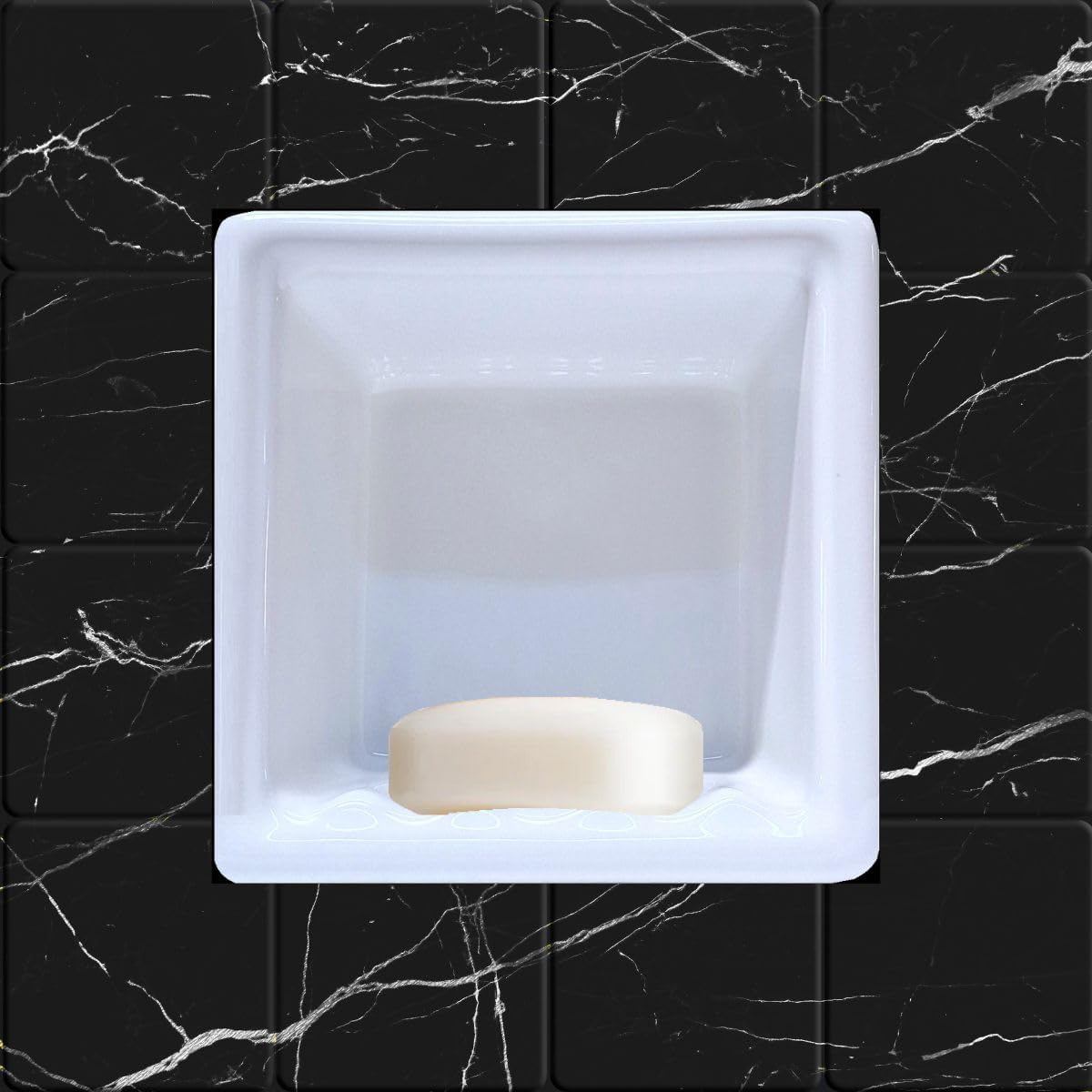 SereneDrains Recessed Ceramic Soap Dish Bar Holder Shower Wall Mount Tray Bathroom Accessories Niche Decorative (White Glossy, 6.5" x 6.5")