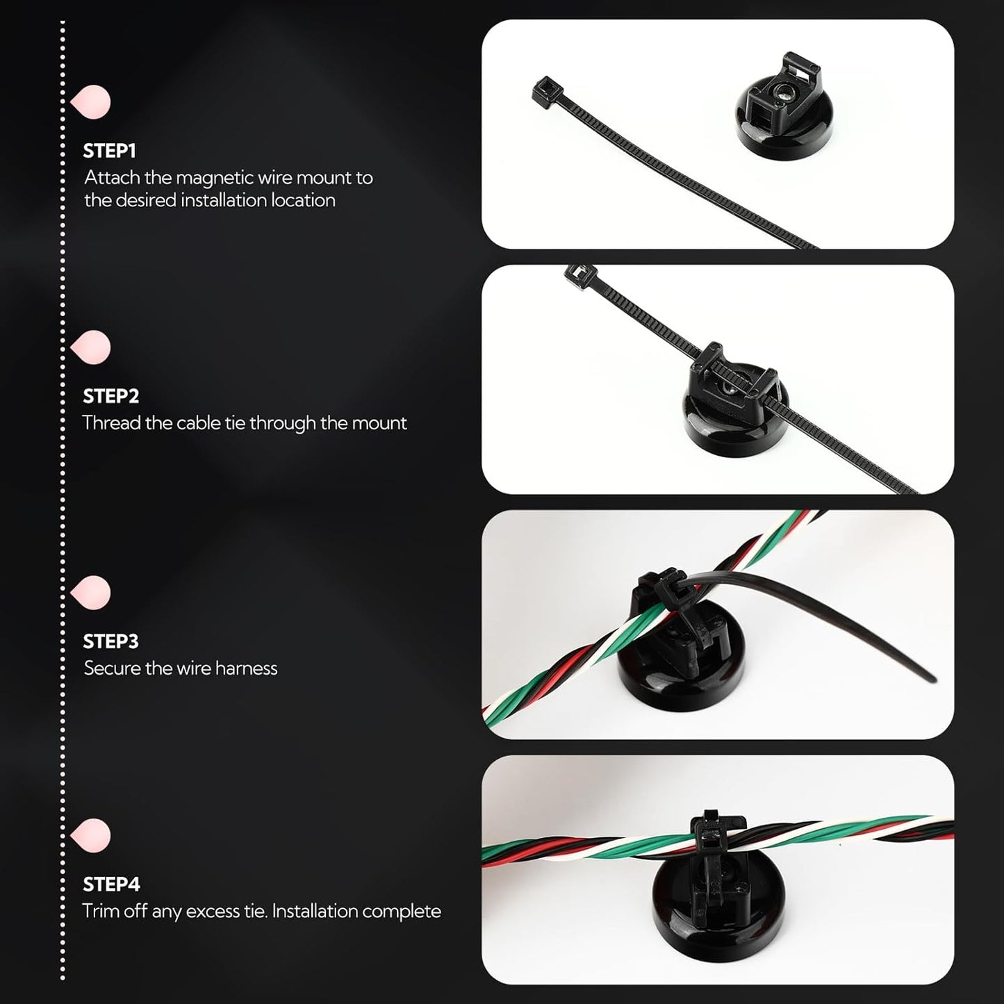 15Pcs Magnetic Cable Tie Mount, Multipurpose Magnetic Wire Clip, 10Pcs Saddle Type Mounts Base + 10 Tapping Screws + 1 Screwdrivers, 60Pcs Cable Ties