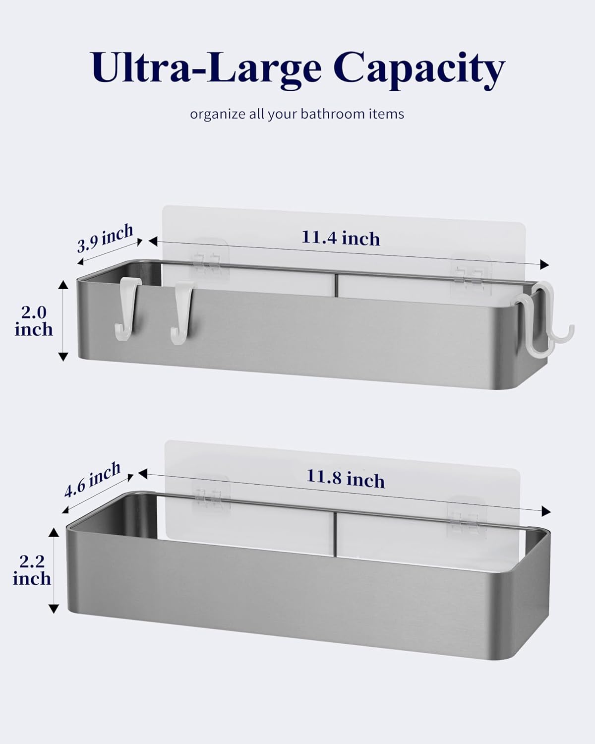 Kitsure Shower Caddy - 2 Pack Adhesive Shower Organizer, Rustproof Metal Shelves, No-Drill Bathroom Organizers and Storage, Silver Grey, Large