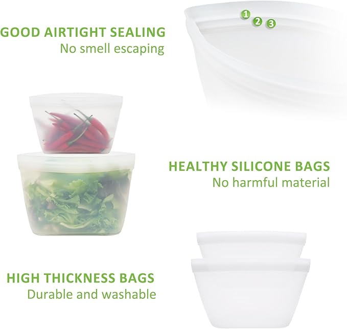 Silicone Bags for Food Storage, Reusable Zip Lock Silicone Food Storage Containers Stand Up Snack Bags, Freezer Microwave Oven Dishwasher Safe, Plastice BPA-Free 3 Pack(40oz 20oz 12oz)