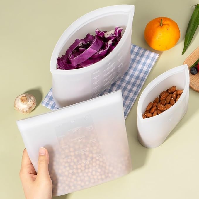 Reusable Silicone Food Storage Bags Quart 4 Pack, Stand Up Ziplock Reusable Freezer Sandwich Bag Containers for Food Travel, Freezer Microwave Oven Dishwasher Safe, Translucent, 33.8fl.oz