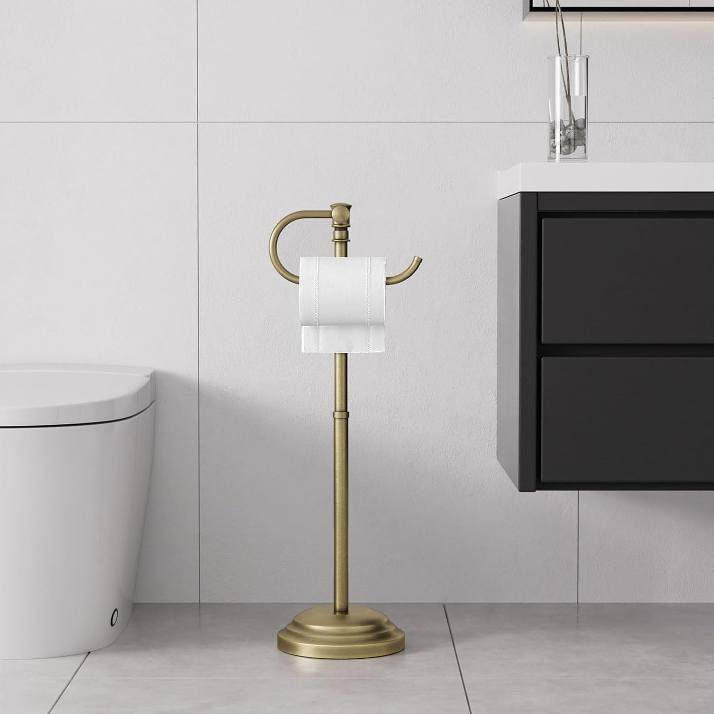 RUMOSE Toilet Paper Holder Stand for Floor,Antique Brass Adjustable (12.4" to 22.8") Bathroom Toilet Tissue Holder, Free Standing Paper Roll Holder with Storage, Stainless Steel