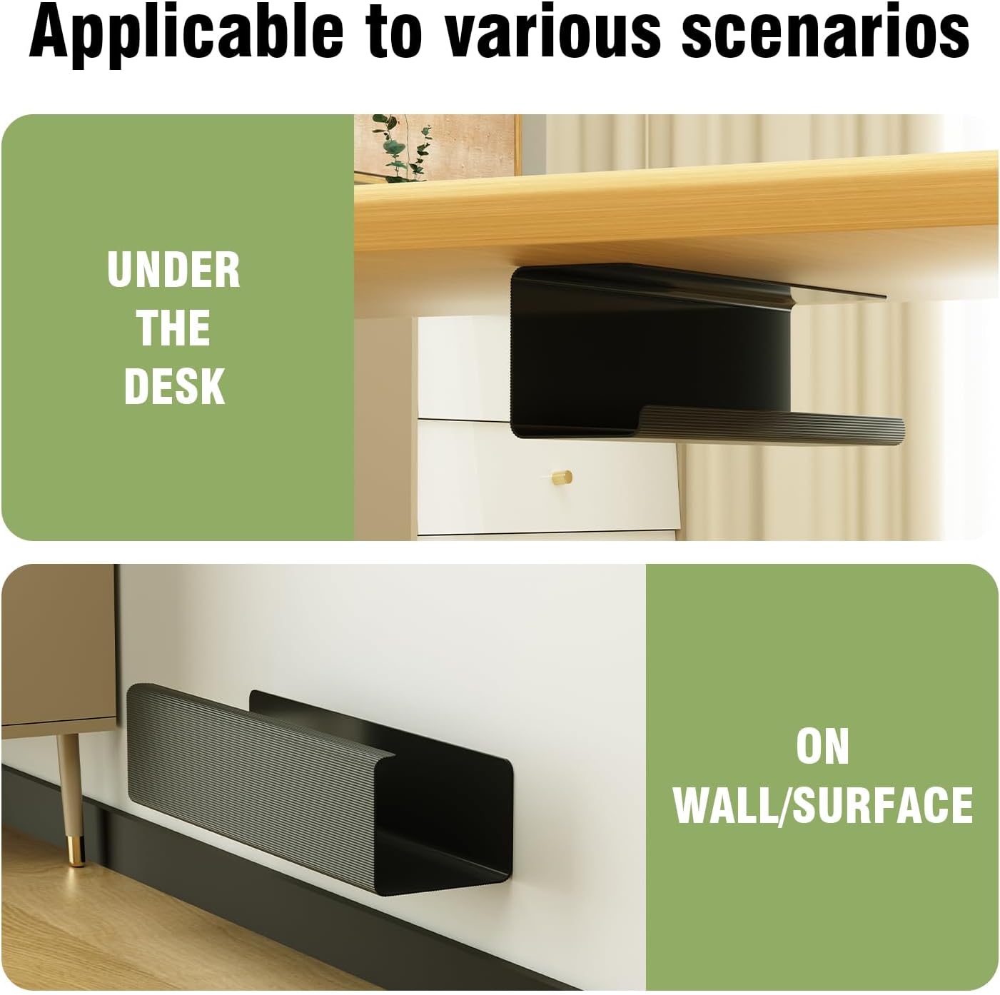 2 Pack No-Screw Cable Management Under Desk, Self-Adhesive Cord Organizer, Wire Management Tray for Office and Home (Black)