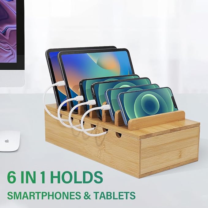 Bamboo Charging Station for Multiple Devices, Desk Docking Stations Organizer Compatible with iPhone Devices, Wood Charging Cell Phone Holder Stand (Includes 6 Cables) (NO Power Supply)