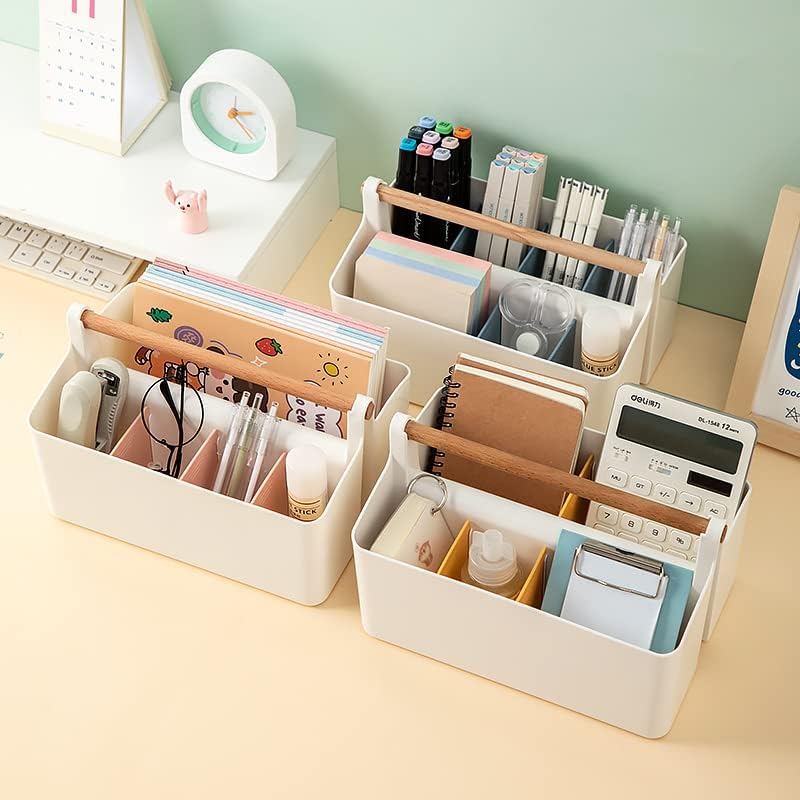 3 pcs Large Portable Craft Caddy with Handle, Cleaning Tote, DIY Divided Basket for Art Colored Pencils Pen Makeup (Pink/Blue/Yellow Dividers)