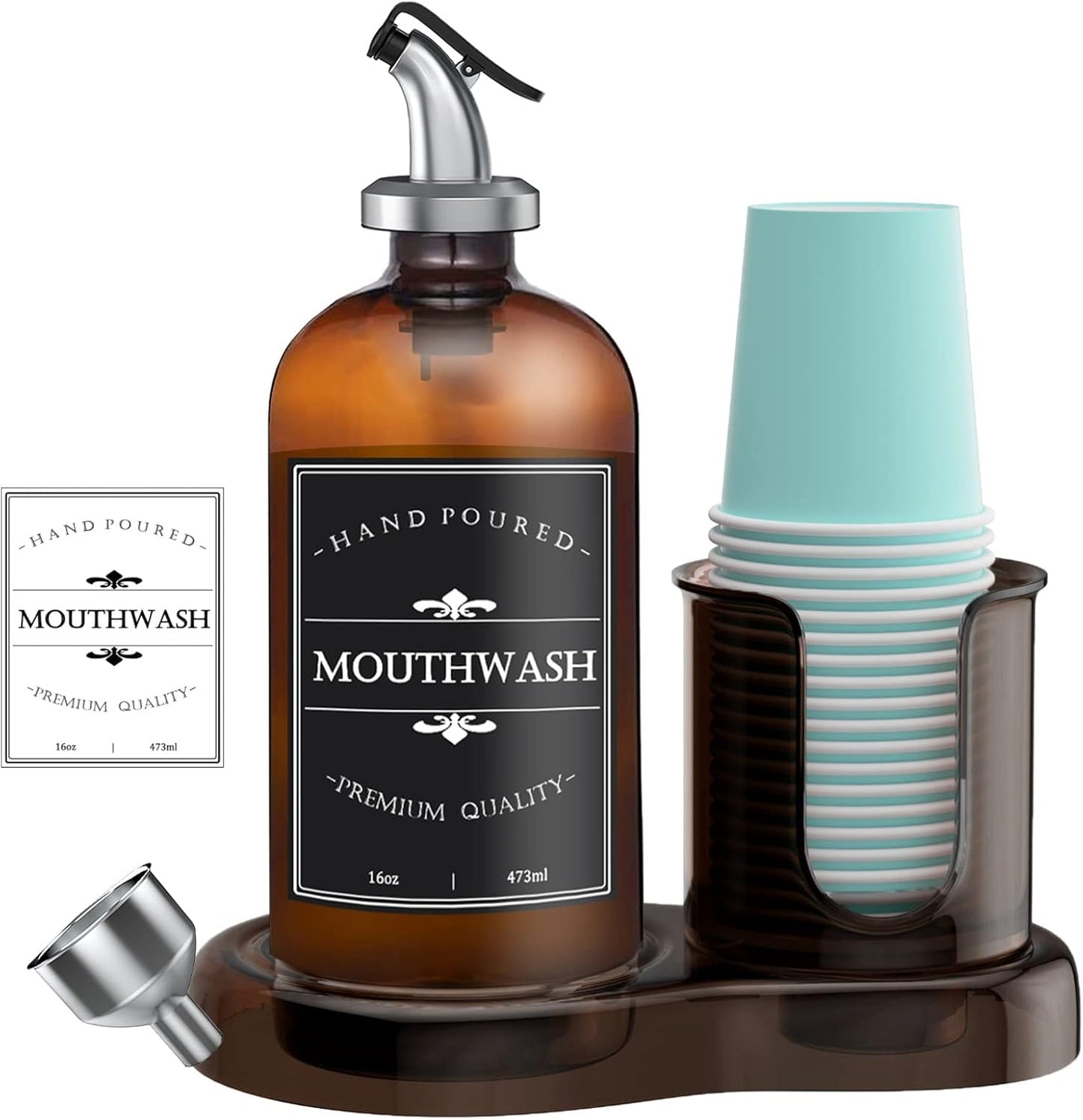 Amber Glass Mouthwash Dispenser with Cup Holder for Bathroom, 16oz Refillable Mouthwash Bottles Container with Tray, Funnel and 2 Waterproof Labels