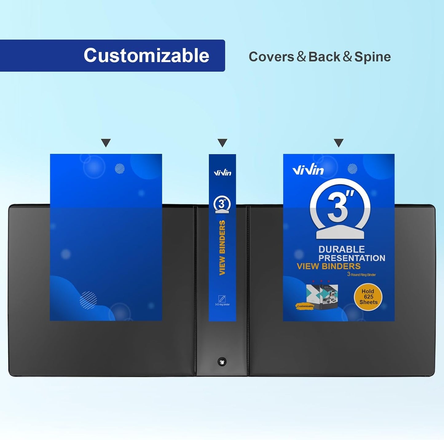 ViVin 3 Ring Binder 3 inch with Clear View Cover, Large 3" Round Ring for Strength, Holds 600 Sheets of US Letter Size Paper, Office Home School, 10 Pack (Black)