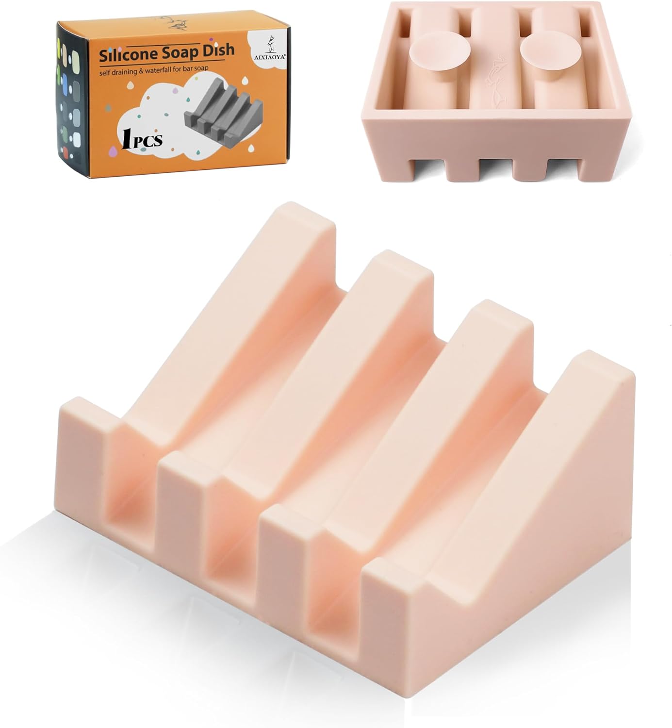 Silicone Soap Dish with Drain, Upgrade Double Suction Cups at The Bottom for Anti-Slip and Stability, Soap Dish Shower Waterfall Bar Soap Holder Tray with Drain Soap Holder (1, Pink)