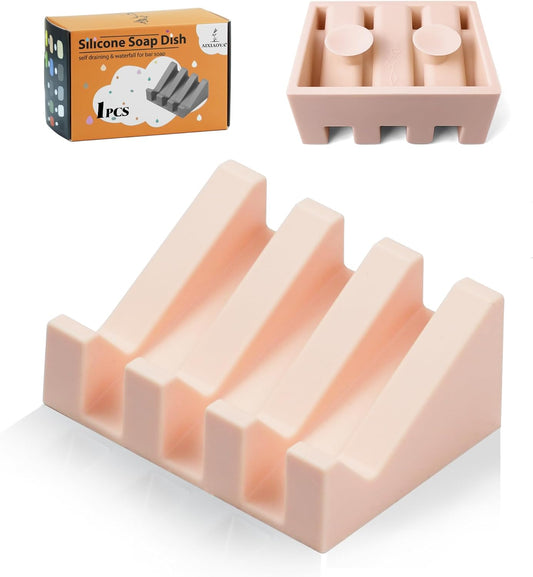 Silicone Soap Dish with Drain, Upgrade Double Suction Cups at The Bottom for Anti-Slip and Stability, Soap Dish Shower Waterfall Bar Soap Holder Tray with Drain Soap Holder (1, Pink)