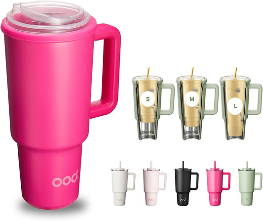 OOD OniVerso 40 oz Stainless Steel Insulated Tumbler with Handle and Straw, Iced Coffee Cup Holder for Disposable Cups, Leak Proof Tumbler, Neon Rush (Pink)