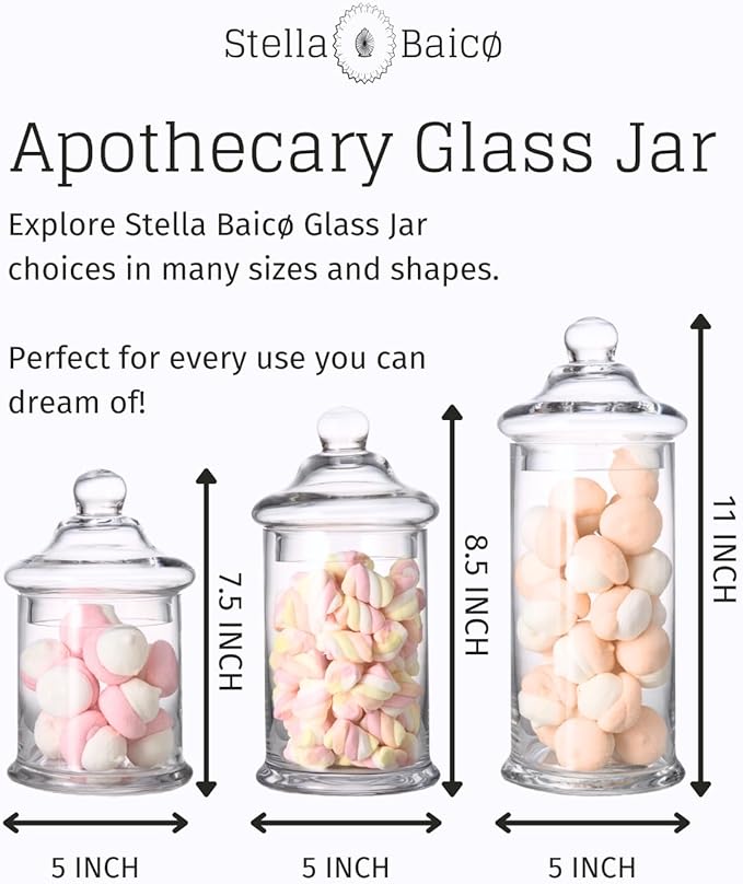 Set of 3 Apothecary Jars Glass, Apothecary Jars with Lids Bathroom, Clear Candy Jar Set, Decorative Jar for Party, Wedding and Home Decor (Height: 11", 8.5", 7.5"; Diameter: 5")
