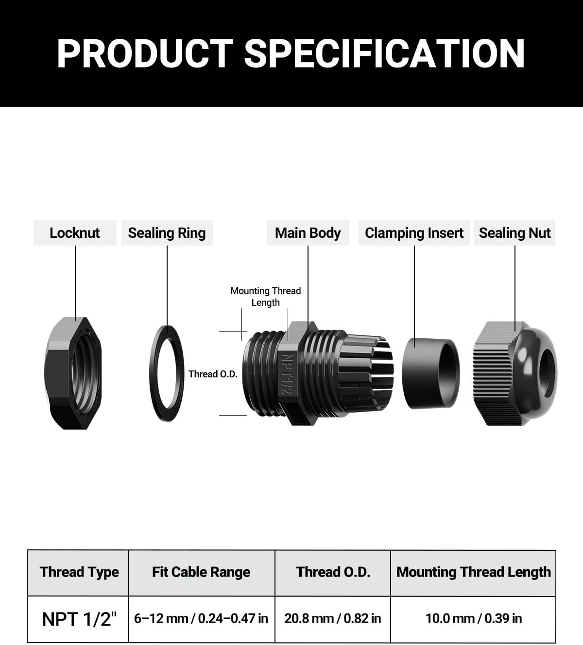VCELINK 10 Pcs 1/2" NPT Cable Glands Nylon Waterproof, IP68 PA66 Cord Connectors, NPT 1/2" Wire Entry for Electrical Boxes, Strain Relief Wire Grommets, Black