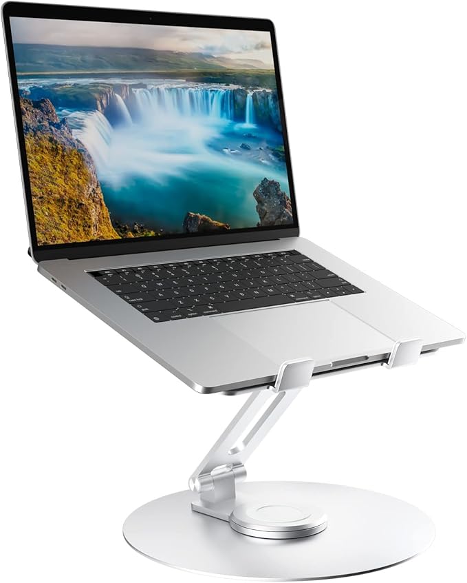 Swivel Laptop Stand for Desk, Adjustable Height Aluminum Computer Stand with 360 Rotating Base, Foldable Ergonomic Riser, Portable Laptop Holder Compatible with MacBook, All Laptops 10-17'', Chrome