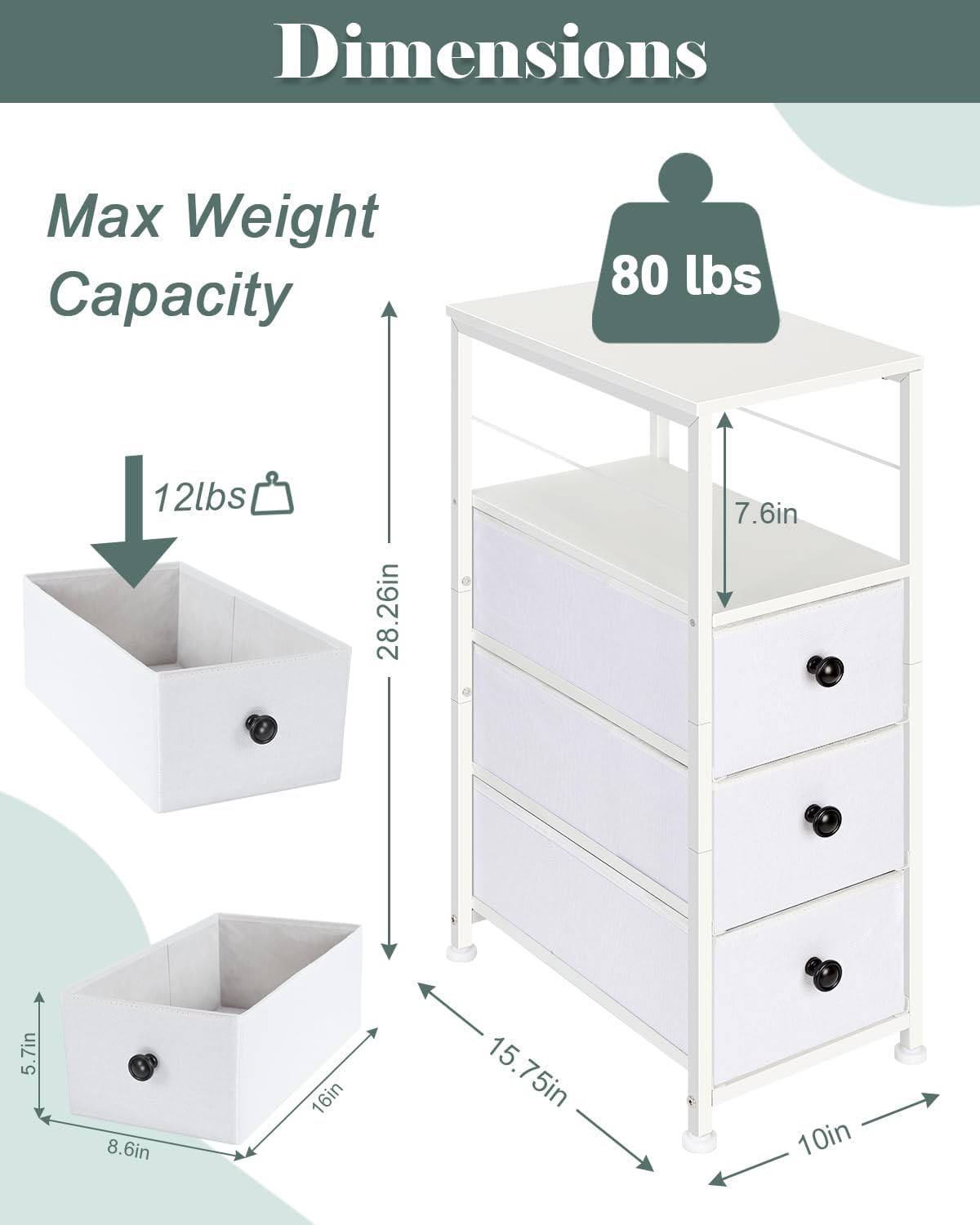 MOOACE Narrow Dresser for Bathroom, Slim Dresser Storage Cabinet, Chest of 3 Fabric Drawers with Wood Shelf, Bedroom Organizer Tower for Small Space, Closet, Laundry, White