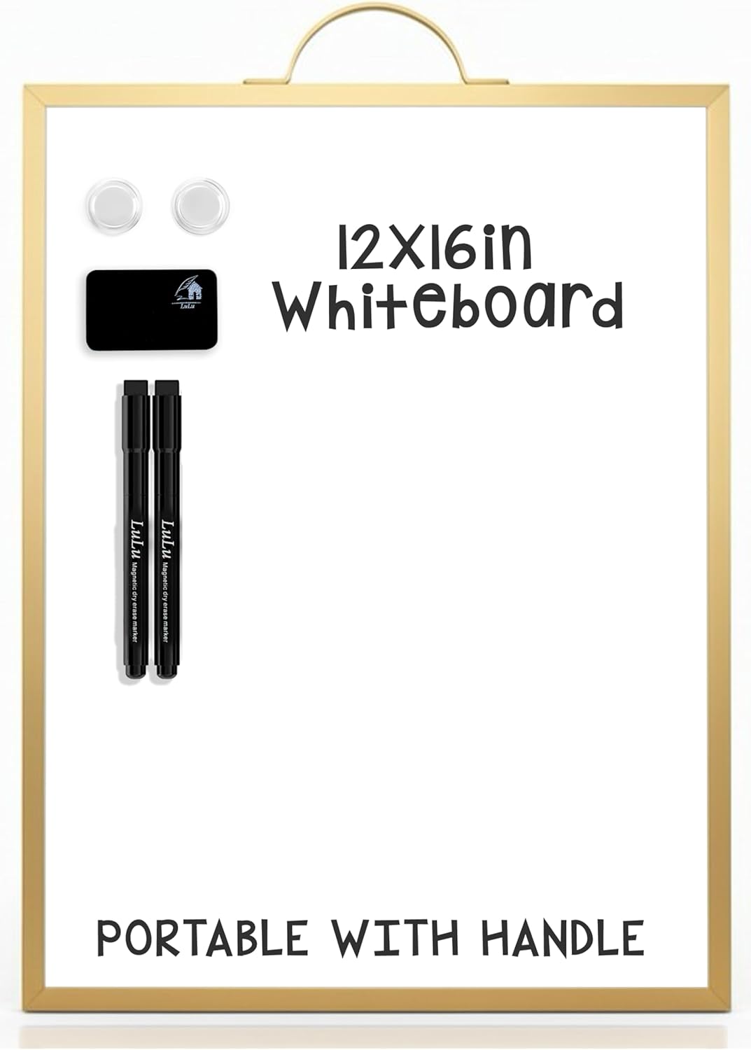 Small Whiteboard 12 x 16 Inch Magnetic Dry Erase Board with Handle | Gold Aluminum Frame | Double-Sided Portable Desktop Board | 2 Markers, Eraser & 2 Magnets