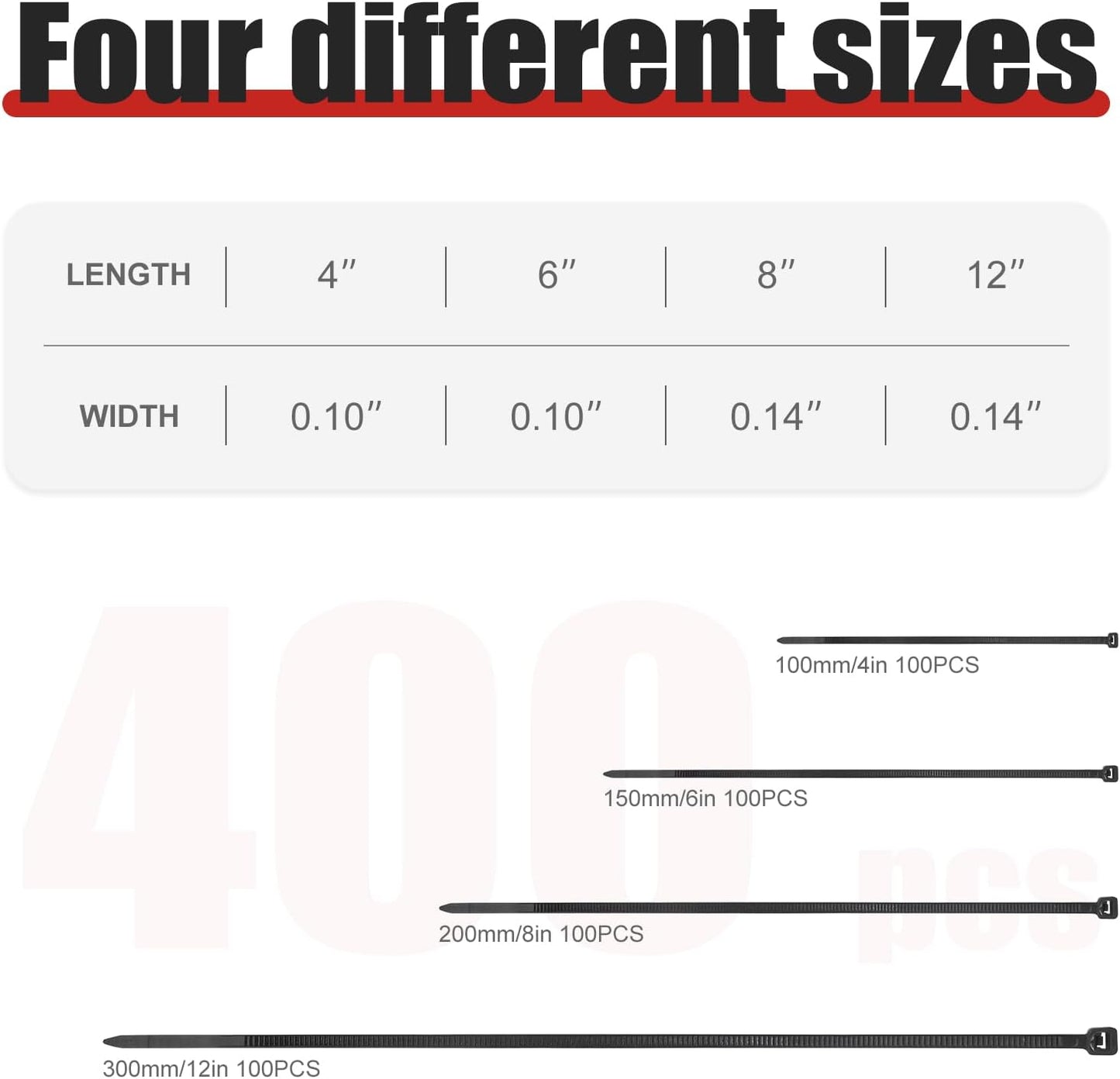 APIELE Cable Zip Ties 400 Pack Black Assorted Sizes 4 6 8 12 inch Multi-Purpose Self-Locking Nylon Cable UV Resistant Wire Ties for Indoor & Outdoor Home Office Garden Workshop