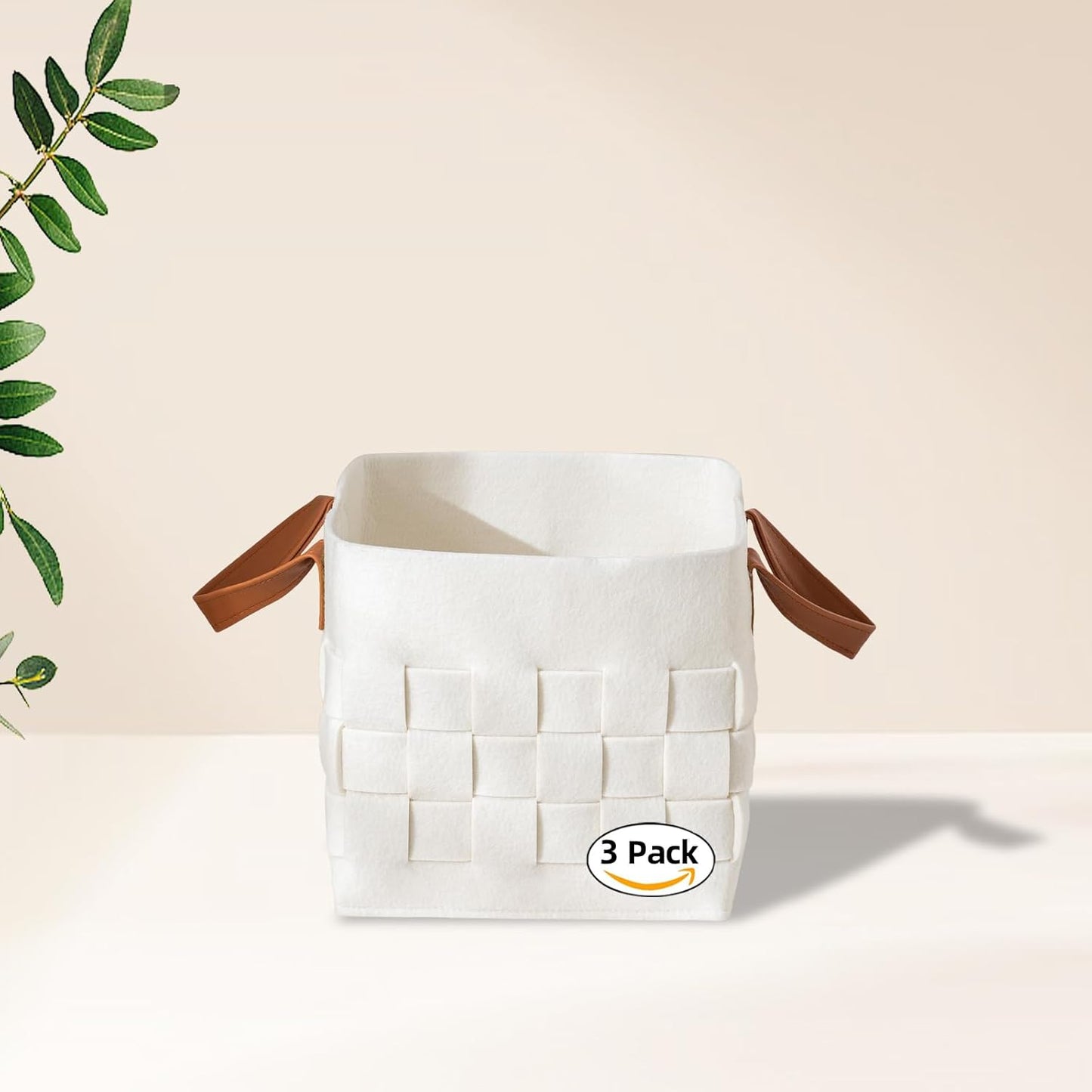 Bold monkey Storage Basket 3 Pack, Medium 10" x10" x10 " Baskets for Shelves with Leather Handle, Cube Felt Fabric Storage Box for Bedroom, Nursery, Living Room - Beige