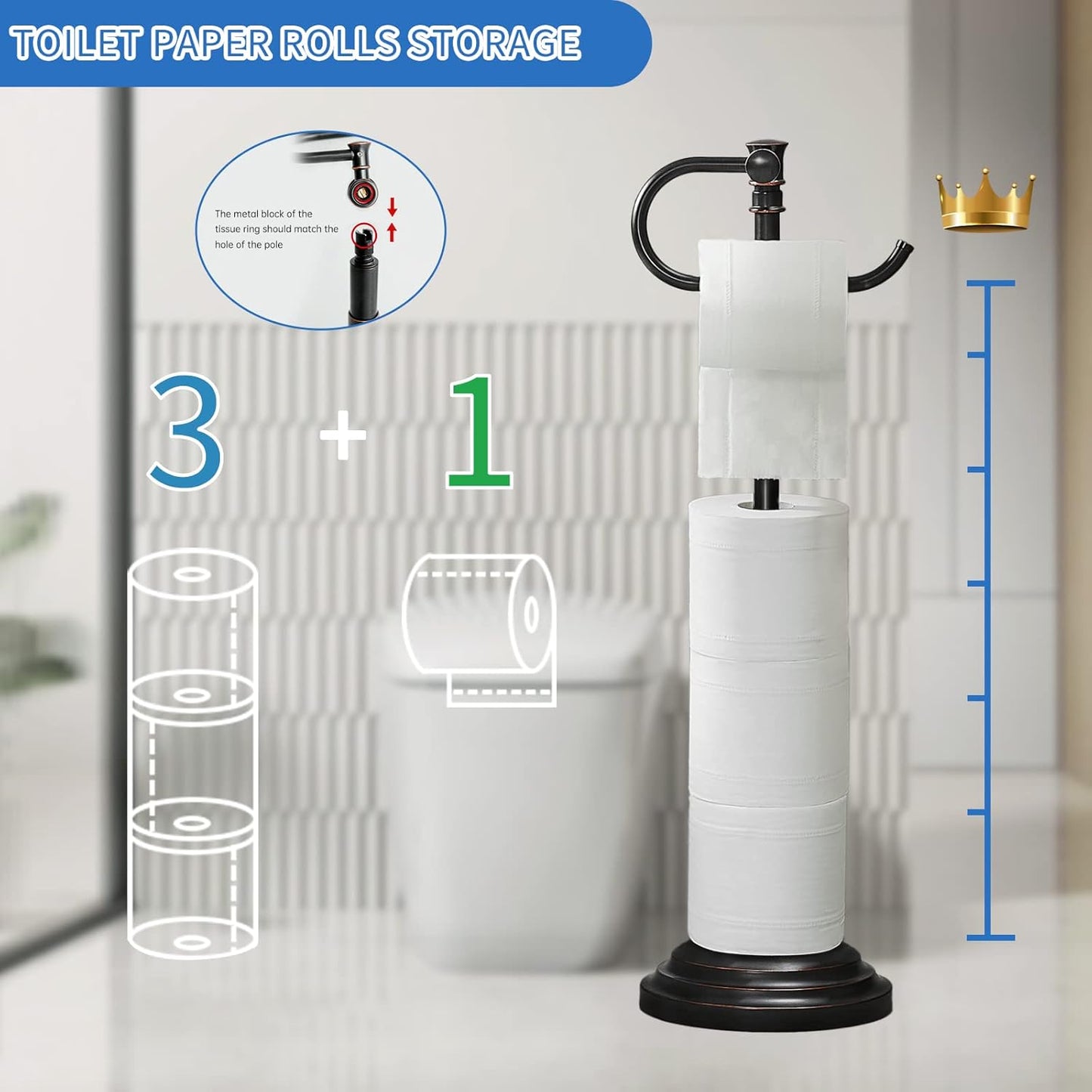 RUMOSE Toilet Paper Holder Stand for Floor, Oil Rubbed Bronze Adjustable (12.4" to 22.8") Bathroom Toilet Tissue Holder, Free Standing Toilet Paper Roll Holder with Storage, Stainless Steel