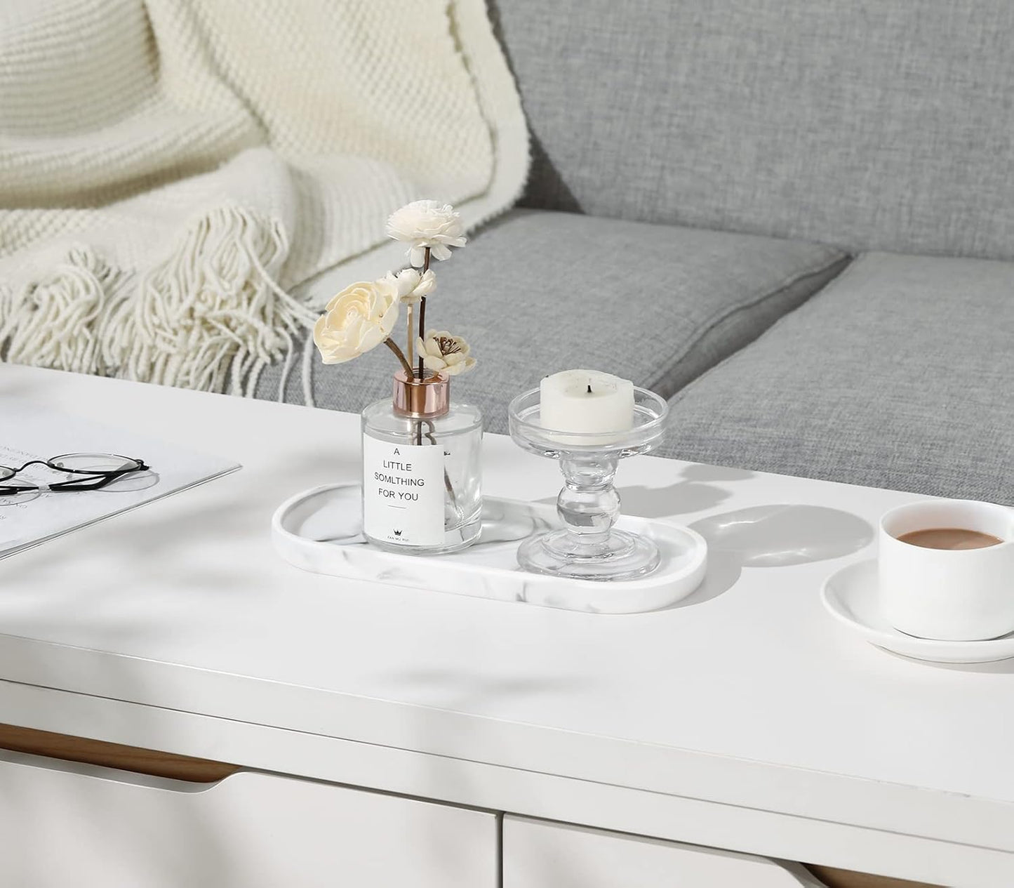 Luxspire Bathroom Vanity Tray, Oval Soap Dispenser Tray, 10" Marble Kitchen Counter Trays, Resin Bathroom Tray for Counter, Toilet Tank Tray, Trinket Tray for Perfume Jewelry, Small, Marble White