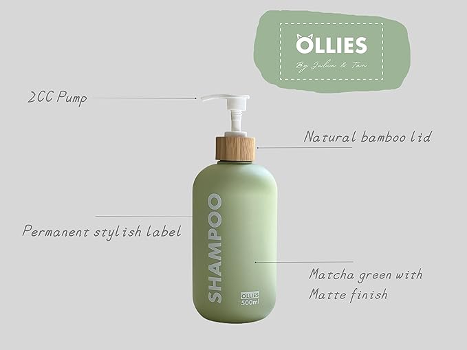 OLLIES Shampoo and Conditioner Dispenser, Shower Soap Dispenser for Bathroom-Set of 3 with Permanent Stylish Label-17oz, 500ml Refillable Shampoo and Conditioner Bottles Green