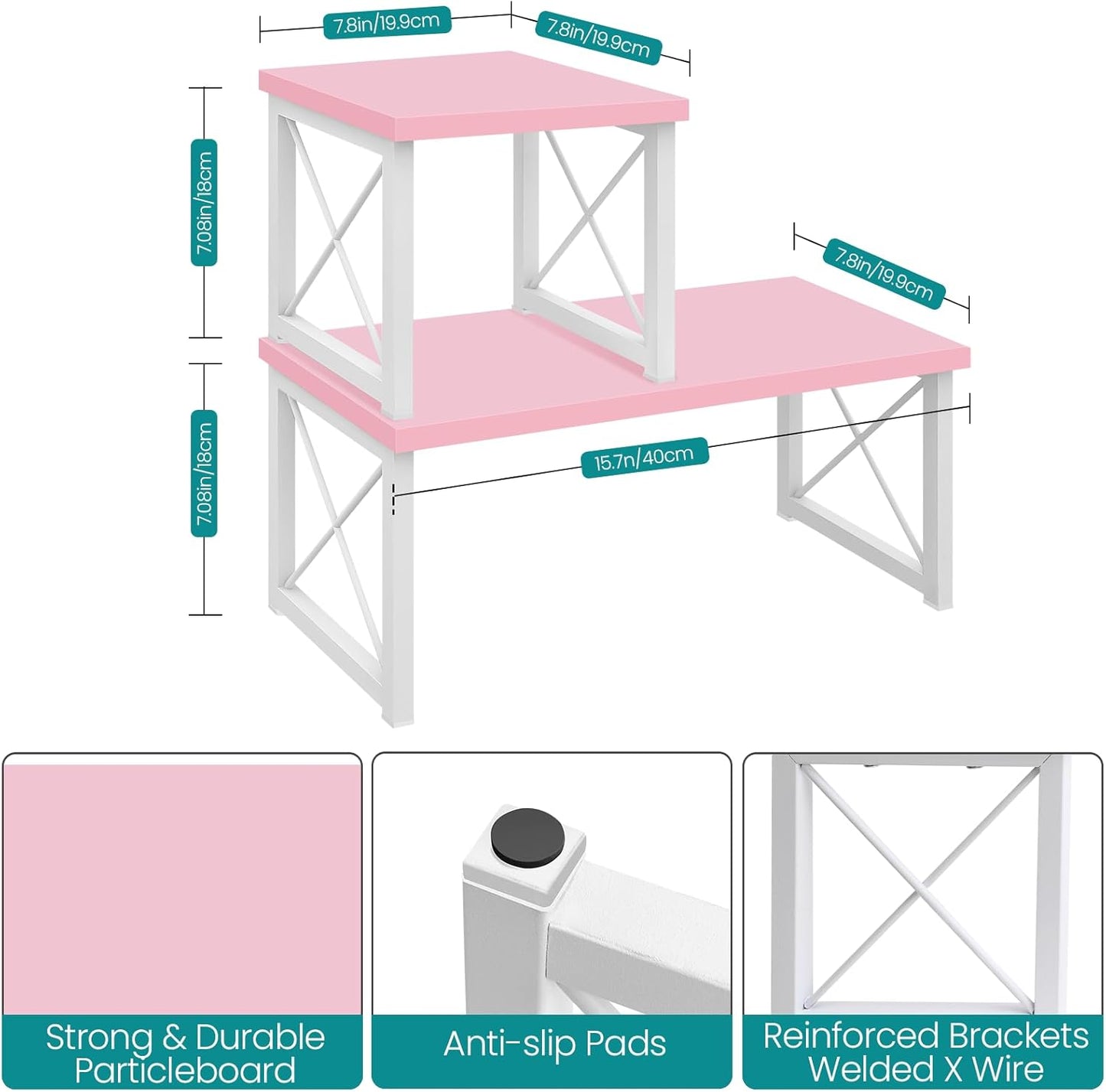 ELITEROO Desktop Shelf, 2 Tier Independent Stackable Desk Stand, Adjustable Freestanding Table Top Mini Bookshelf, Aesthetic Storage Organizers for Women/Girls/Daughter, Pink