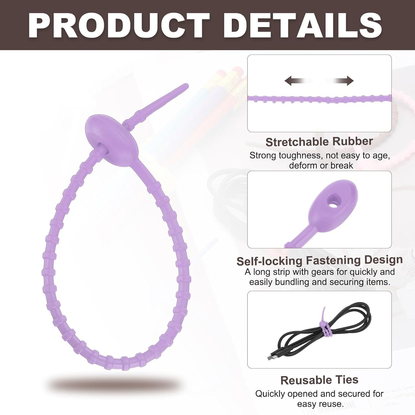 uxcell 20 Pcs Silicone Ties Bag Clip, 8.5 Inch Multi Purpose Silicone Zip Ties Reusable Rubber Zip Tie, Cable Strap Cord Organizer for Home Office Food Bag Wires Cables, Purple Red