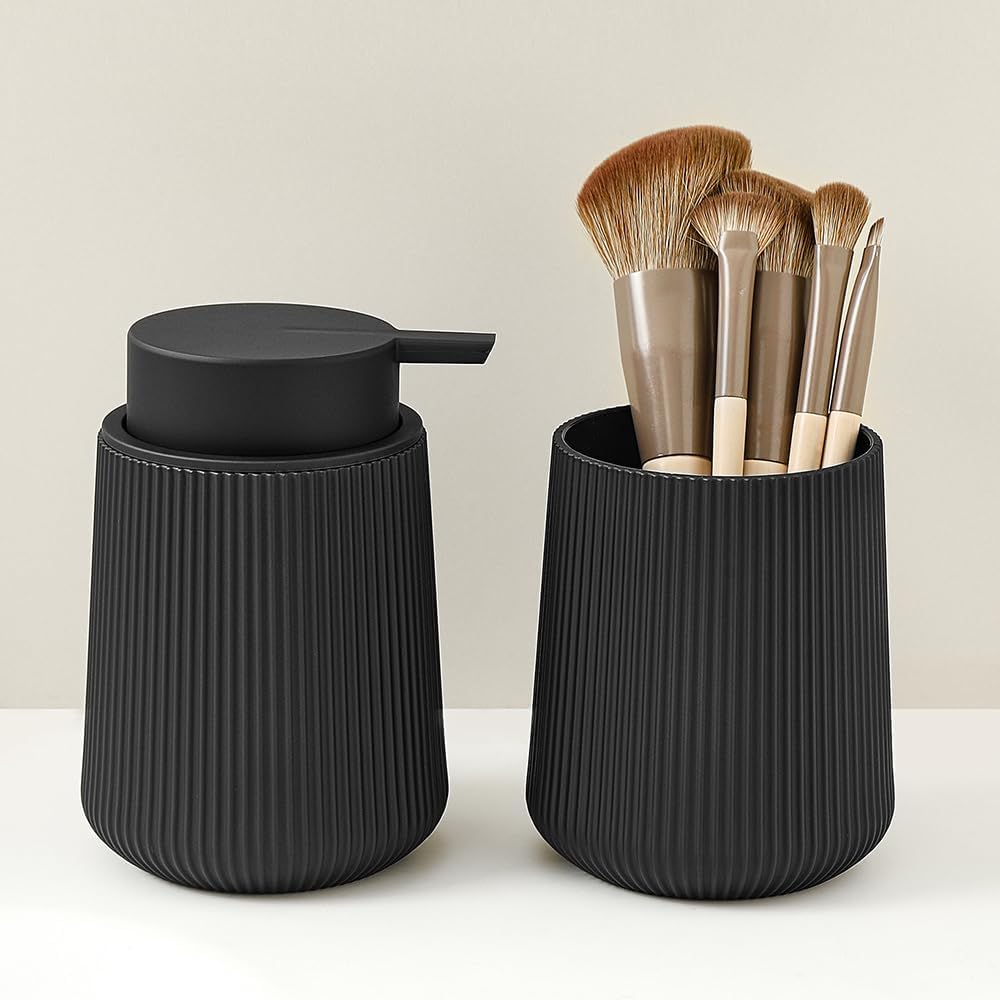 Bathroom Accessories 2 Piece Soap Dispenser and Toothbrush Holder Set Black Striped Round
