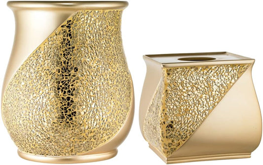Zahari Home 2pc Sinatra Modern Bath Accessories Set Waste Basket & Tissue Box Champagne Gold Modern Decorative Beautiful Designs Bathroom Decor Set for Home Luxury Bath Set Mosaic Glass