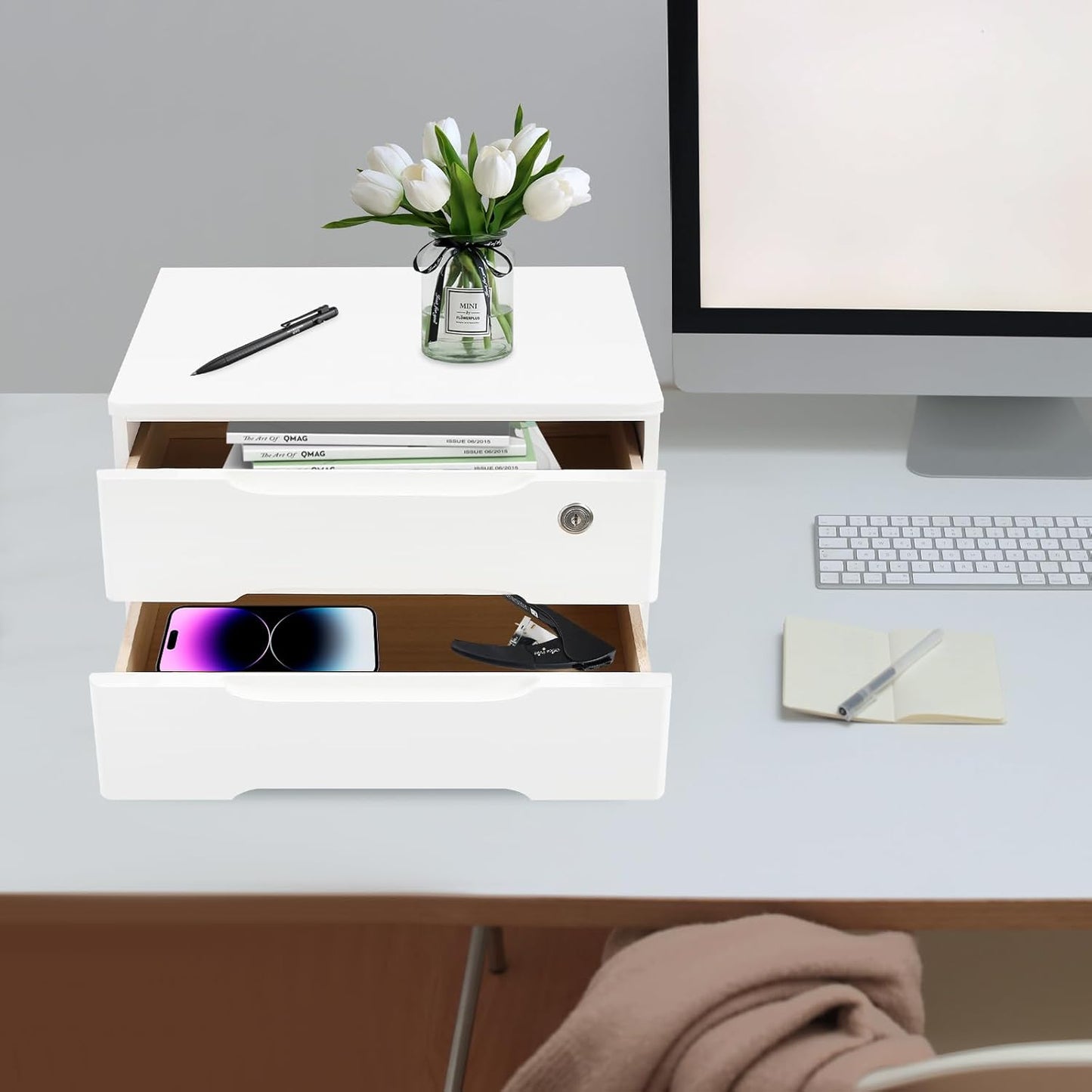 2-Tier Wooden Desktop Storage Box Desk Organizer with 2 Drawers and Lock Countertop Drawers Organizer for Office Supplies File Paper Cosmetic Jewelry, 15.4x11.8x8.5 in (White)