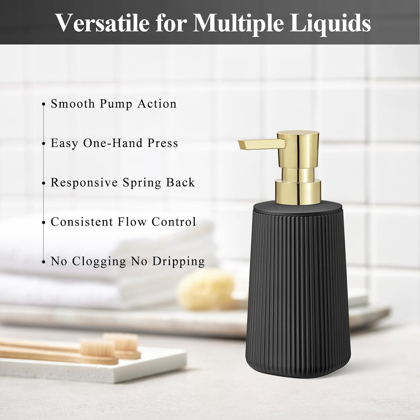 Black and Gold 2 Pack Hand Soap Dispensers with No Rust Pump for Bathroom and Kitchen Countertops Refillable Striped Matte Plastic 8.5 oz