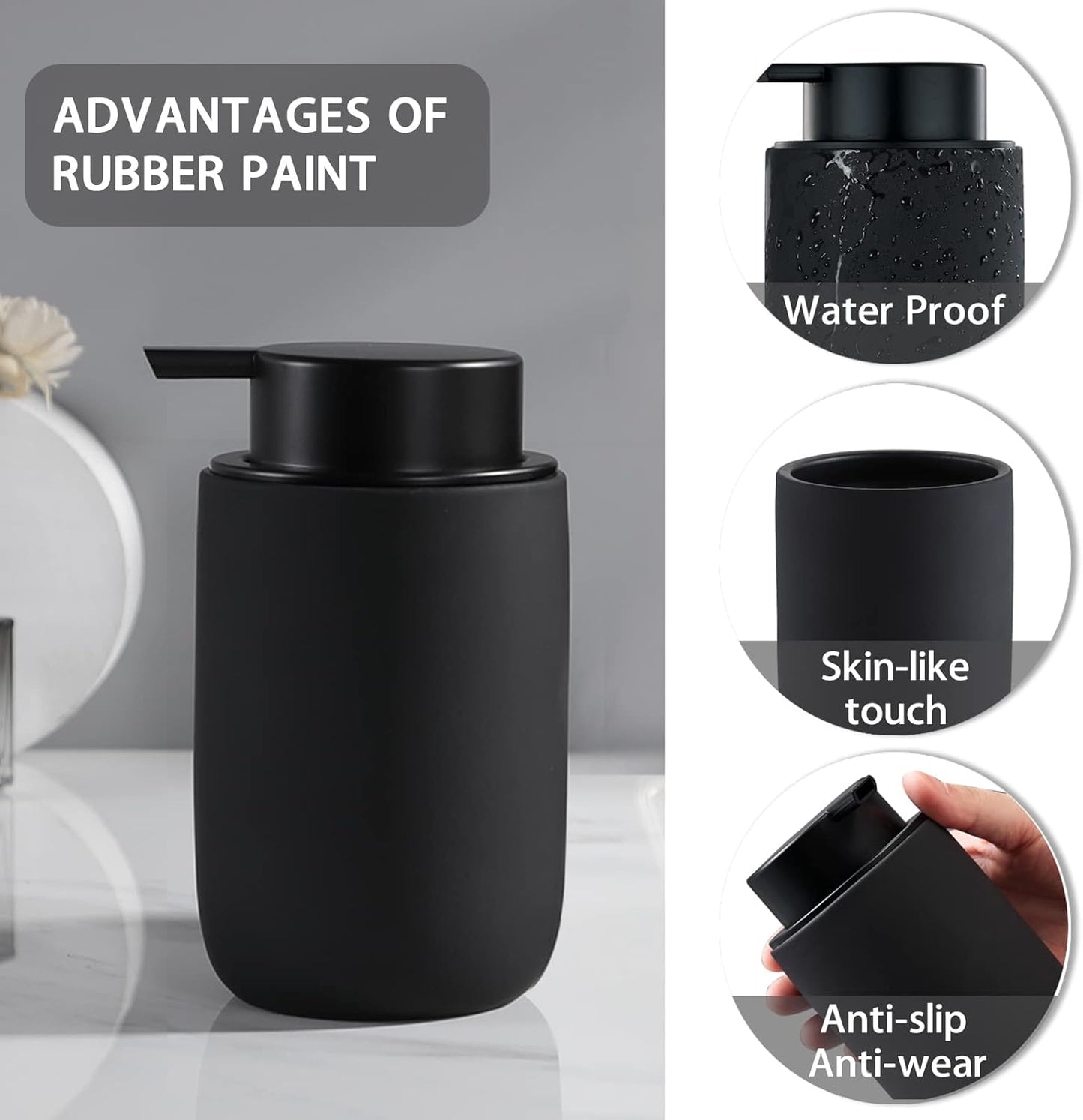 Black Foaming Hand Soap Dispenser - Bathroom Lotion Hand Pump Dispenser Matte Black Foam Soap Dispenser Ceramic Dish Liquid Dispenser for Hand Wash Dispenser (Rubber Paint)