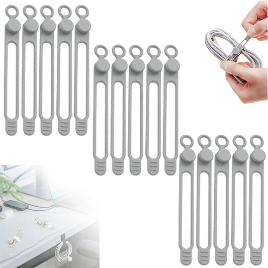 Silicone Cable Ties, 2024 New Data Cable Organizer Silicone Cable Ties Reusable Cable Management Organizer Multipurpose Cable Management for Travel/Portable/Office/Home Desk (Grey, 15 Pcs)