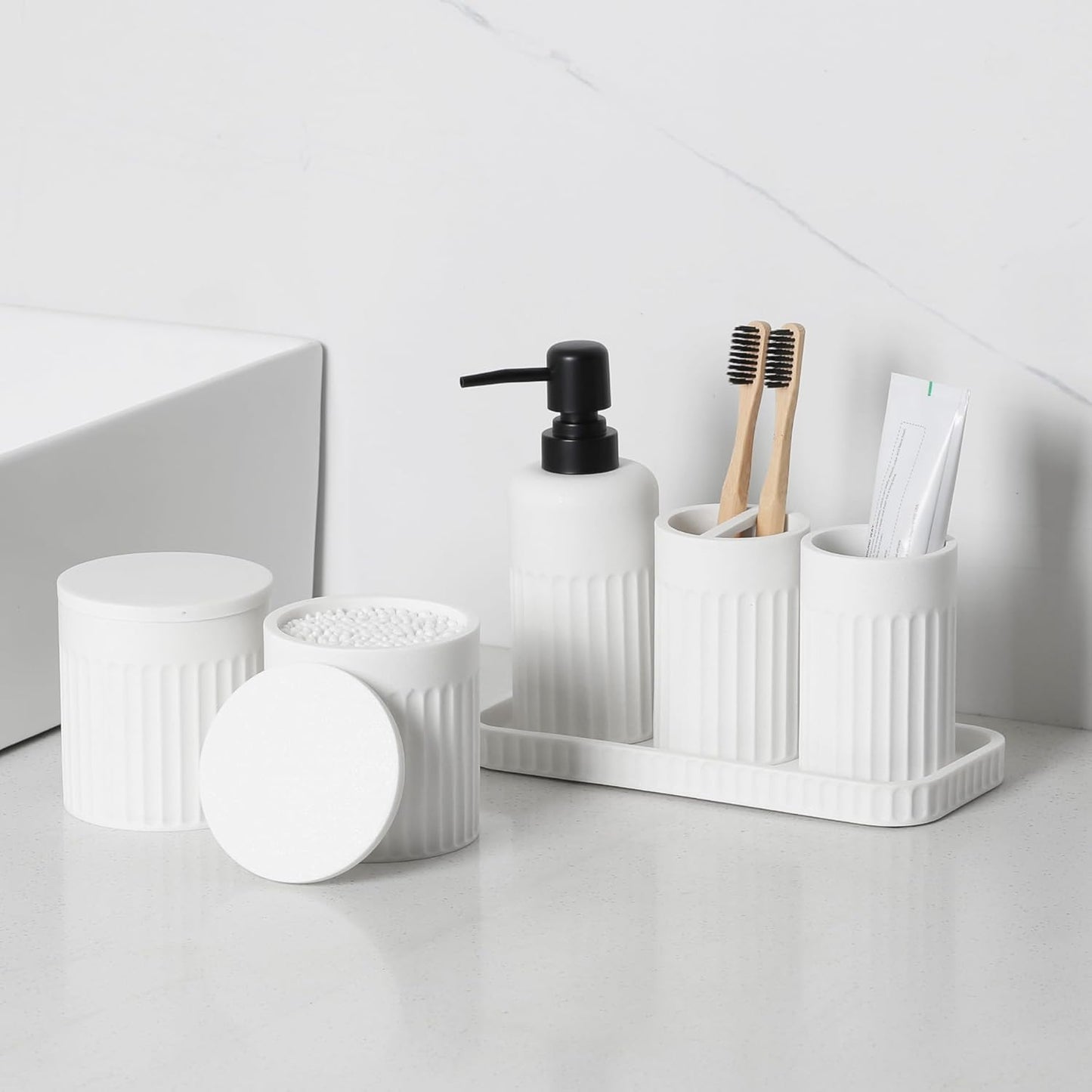 Bathroom Accessory Set - 6 Pieces Bathroom Accessories Set Complete with Soap Dispenser, Toothbrush Holders, Tumbler, Vanity Tray and 2 Qtip Holder for Home Organizer and Decor, White