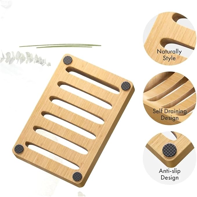 Bamboo Soap Dish, Wood Bar Holder For Shower, Trays Self Draining, Soap Saver
