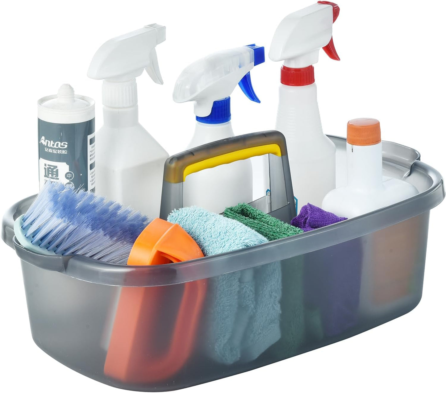 Large Cleaning Caddy with Handle, Cleaning Tool Storage Basket Organizer, Sturdy Pail Bucket Organizer, Household Bucket for Cleaning Supplies - Clear Grey